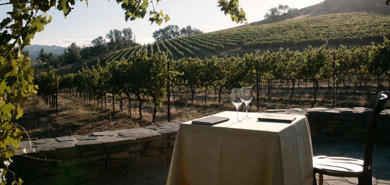 A quiet vineyard terrace in Napa Valley with a table set for conversation, wine glasses, and vineyard rows in the background, illustrating a calm setting for an investor retreat.