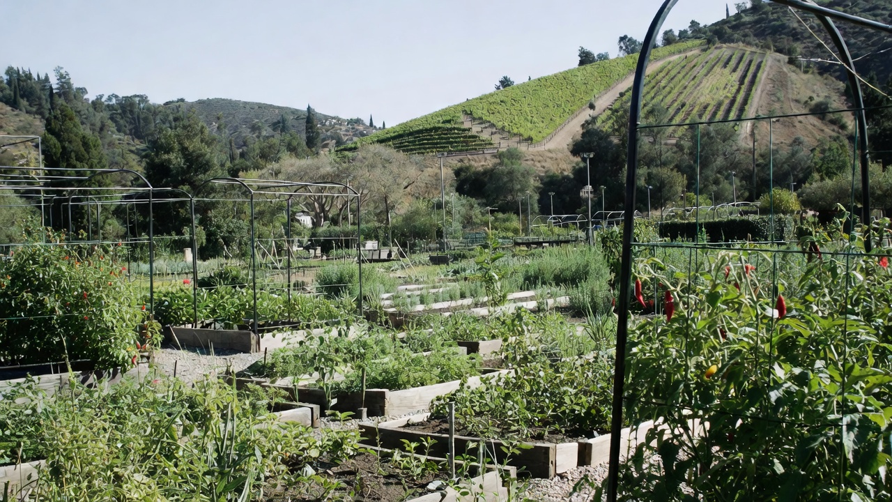  Seasonal kitchen garden in Napa Valley with raised beds of herbs and vegetables, used by local restaurants and estates.
