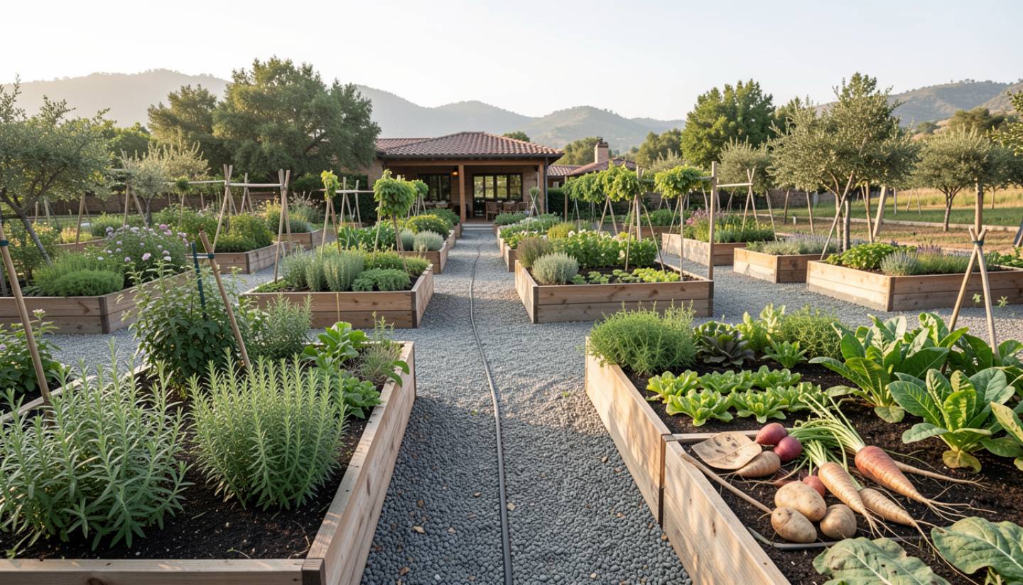 A working kitchen garden in Napa Valley with raised beds of herbs and seasonal vegetables. The image highlights sustainable farming practices and the direct connection between gardens and farm-driven restaurant kitchens.