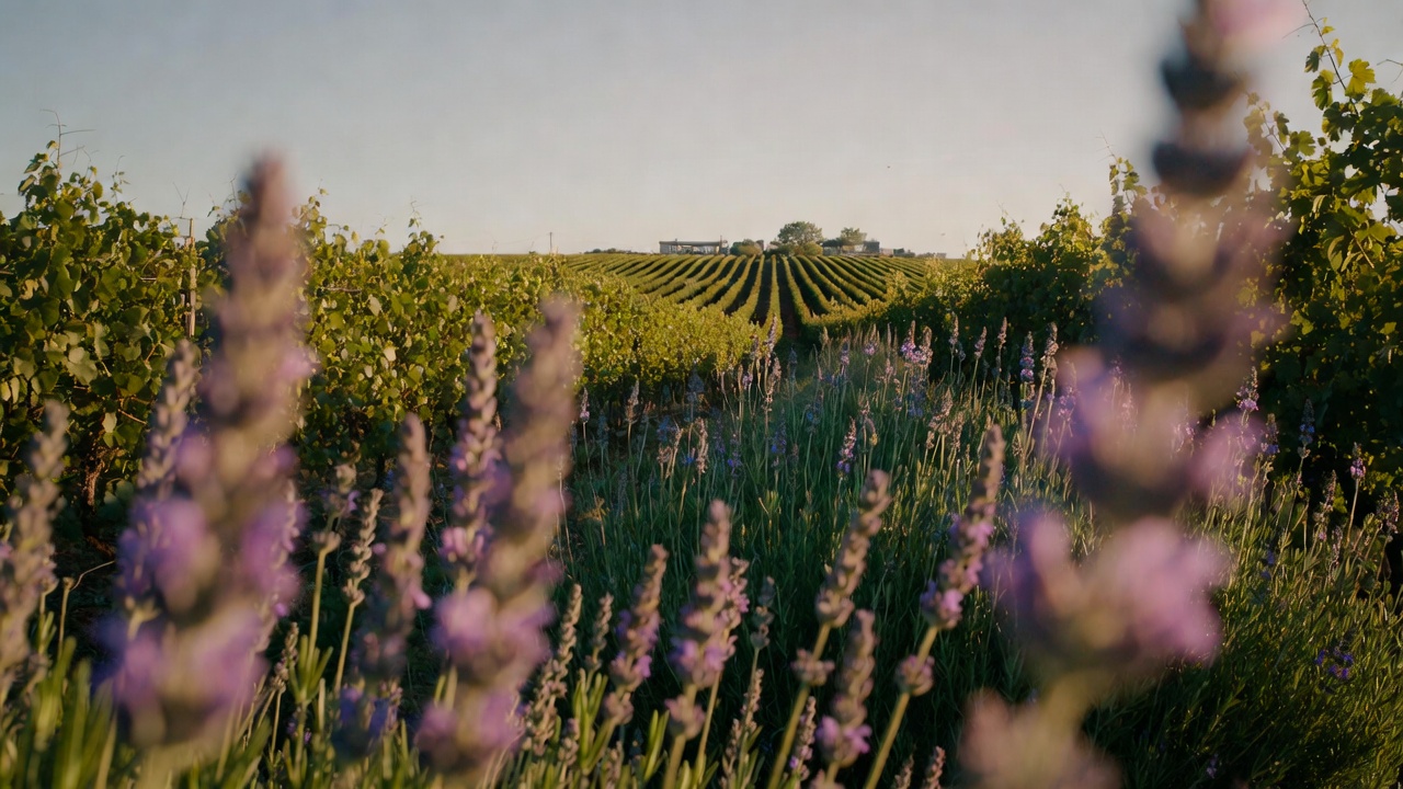  Lavender and rosemary plants growing alongside Napa Valley vineyards, planted to support pollinators and vineyard ecosystems.