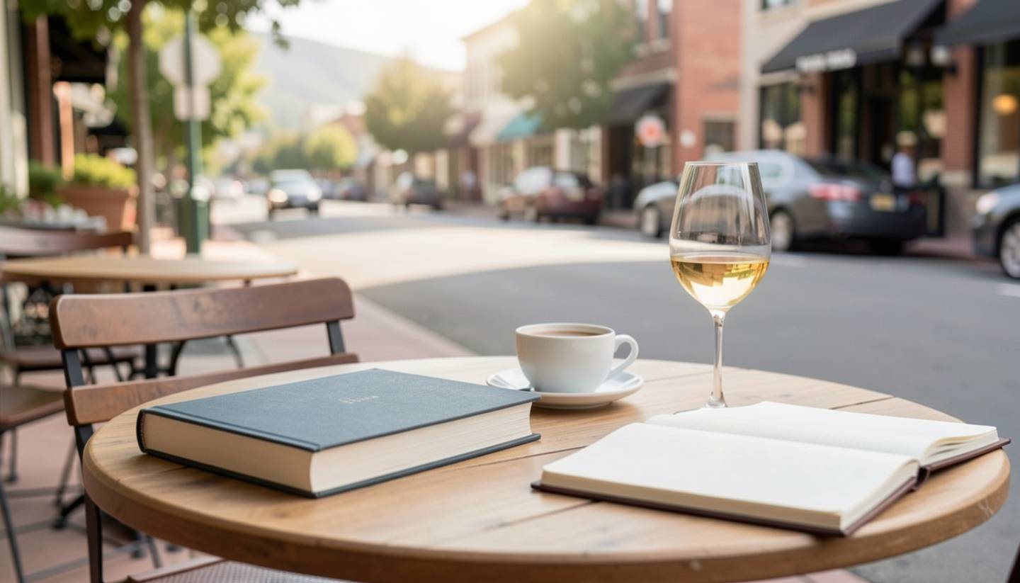 A quiet café table in Napa Valley with a book, notebook, coffee, and wine glass, set in soft morning light with vineyards and a calm street in the background.