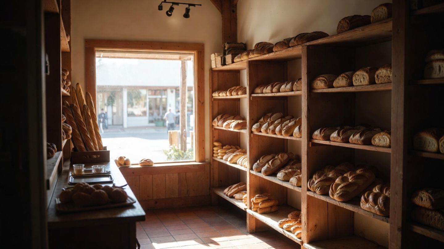 Local Napa Valley bakery interior in the morning with fresh bread on wooden shelves and natural light filling the space.