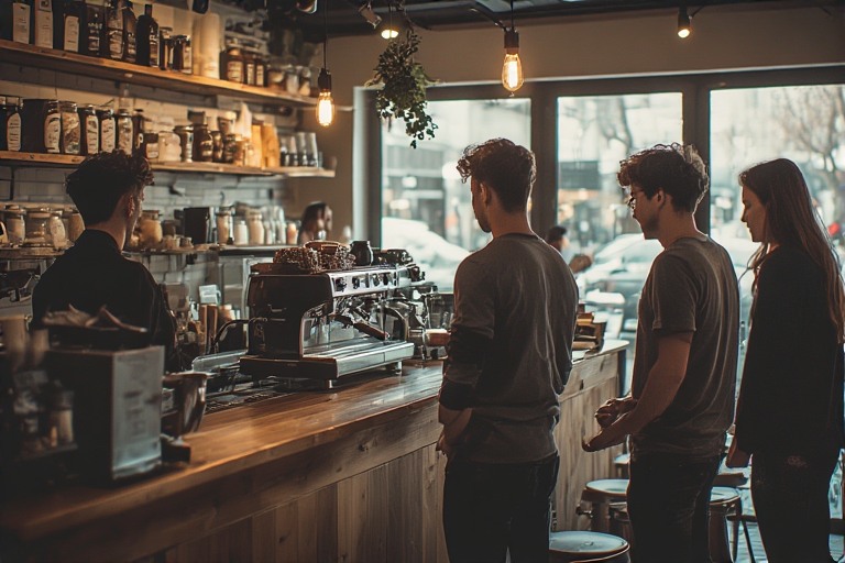 Barista pulling an espresso shot at a quiet Napa Valley cafe in the morning with locals gathered at the counter.
