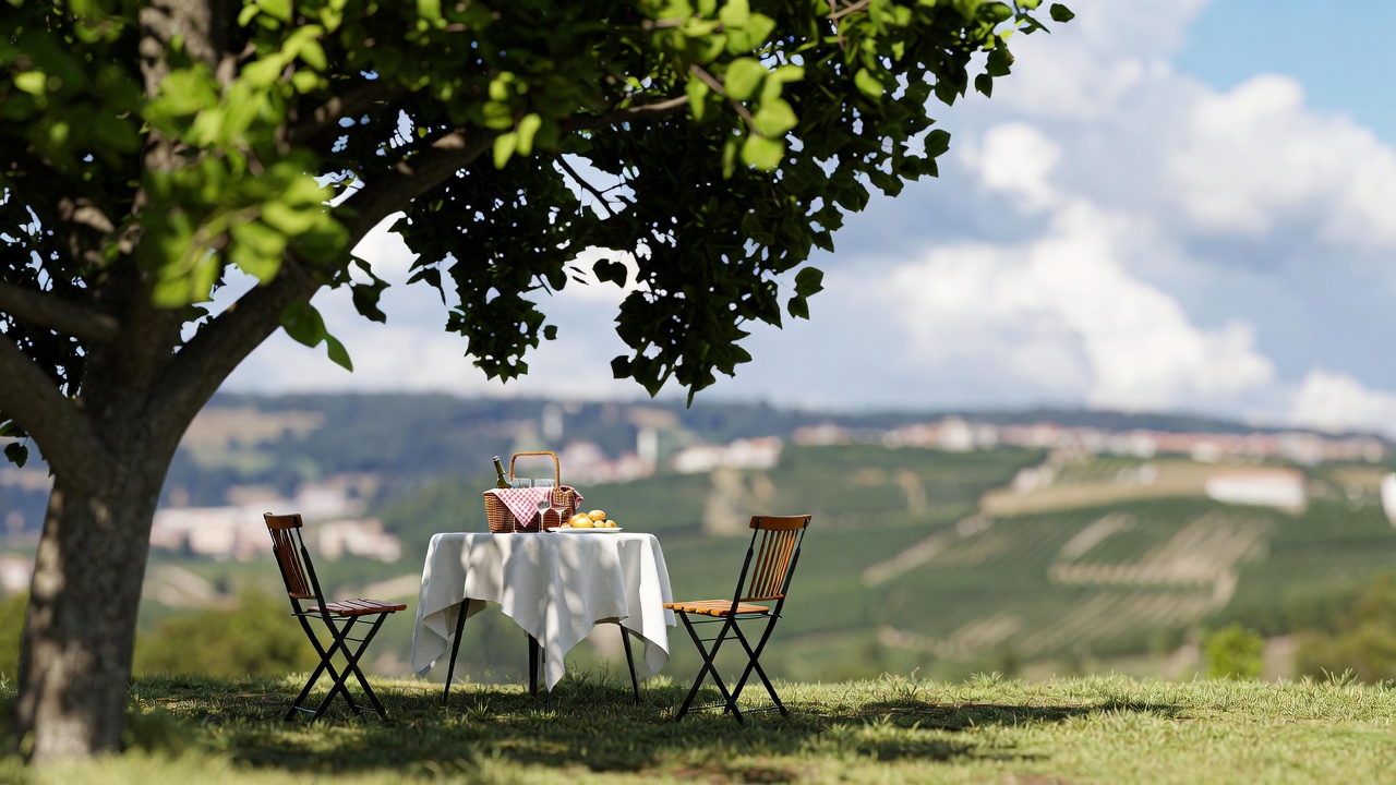 Outdoor lunch table in Napa Valley during summer with shade, simple place settings, and a calm atmosphere that reflects unhurried travel and rest.

