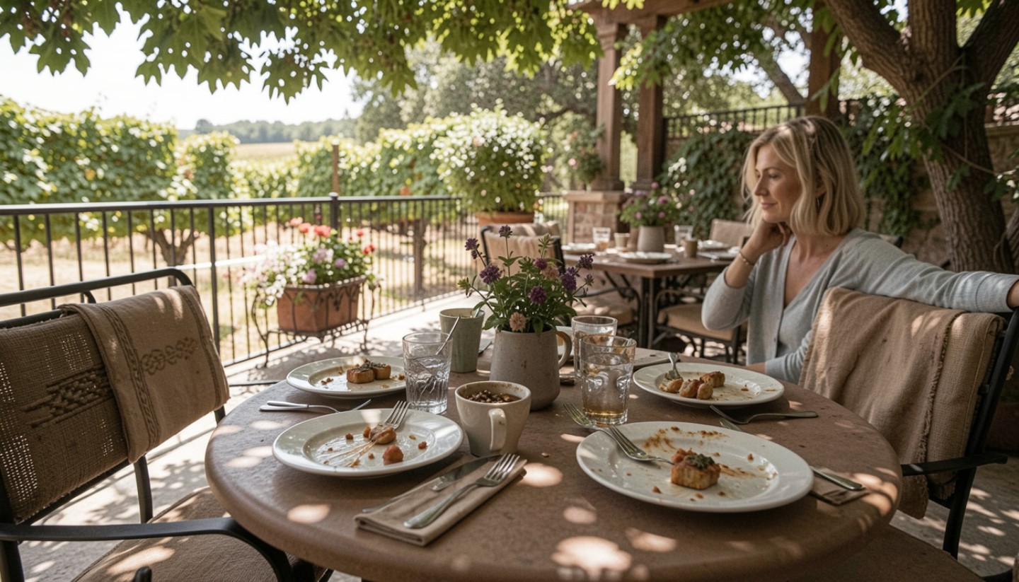 Calm long lunch at a Napa Valley restaurant patio with soft light and relaxed seating, representing slow travel and comfort during a babymoon.