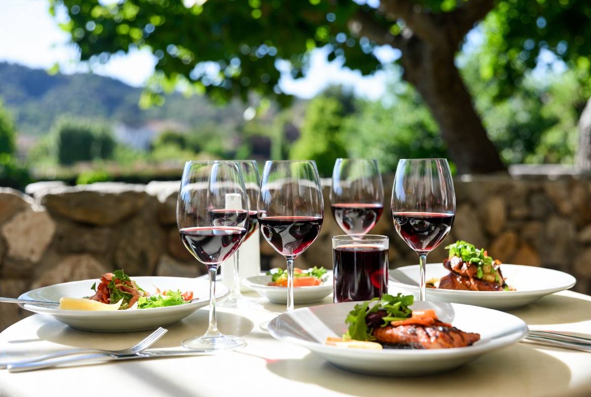 Relaxed long lunch at a Napa Valley restaurant patio with wine glasses and shared plates, illustrating connection, conversation, and memorable travel experiences beyond souvenirs.