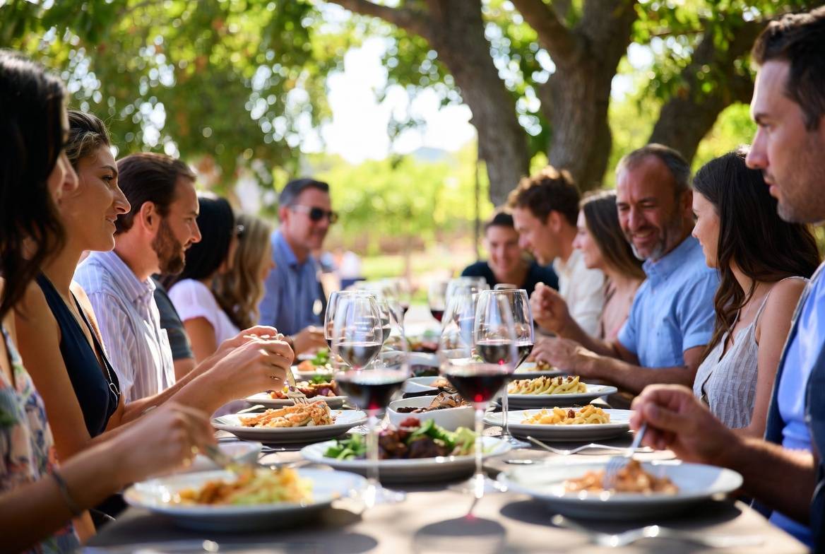 Long lunch at a Napa Valley restaurant patio with wine and shared plates, illustrating tradition, familiarity, and why travelers return to Napa year after year.