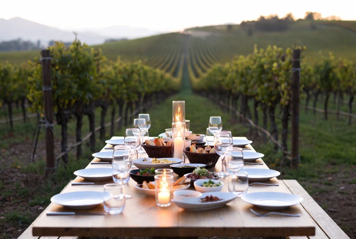 Long outdoor dining table in Napa Valley with shared plates, wine glasses, and vineyard views, representing relaxed hospitality and hosting better dinners inspired by wine country.