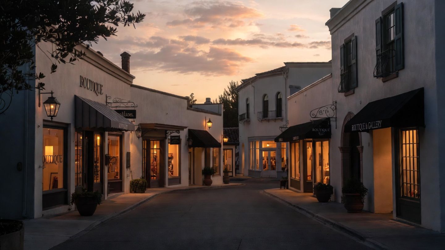 Quiet luxury shopping street in Napa Valley with boutique storefronts and warm interior lighting, showing a refined and walkable retail experience.