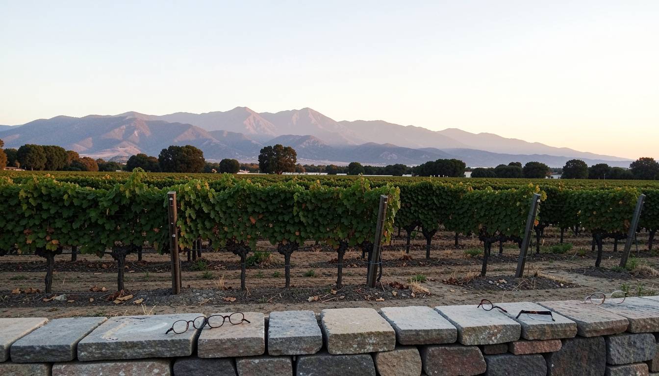 Golden hour view of Napa Valley vineyards facing the Mayacamas mountains, symbolizing a reflective celebration moment during a promotion trip.