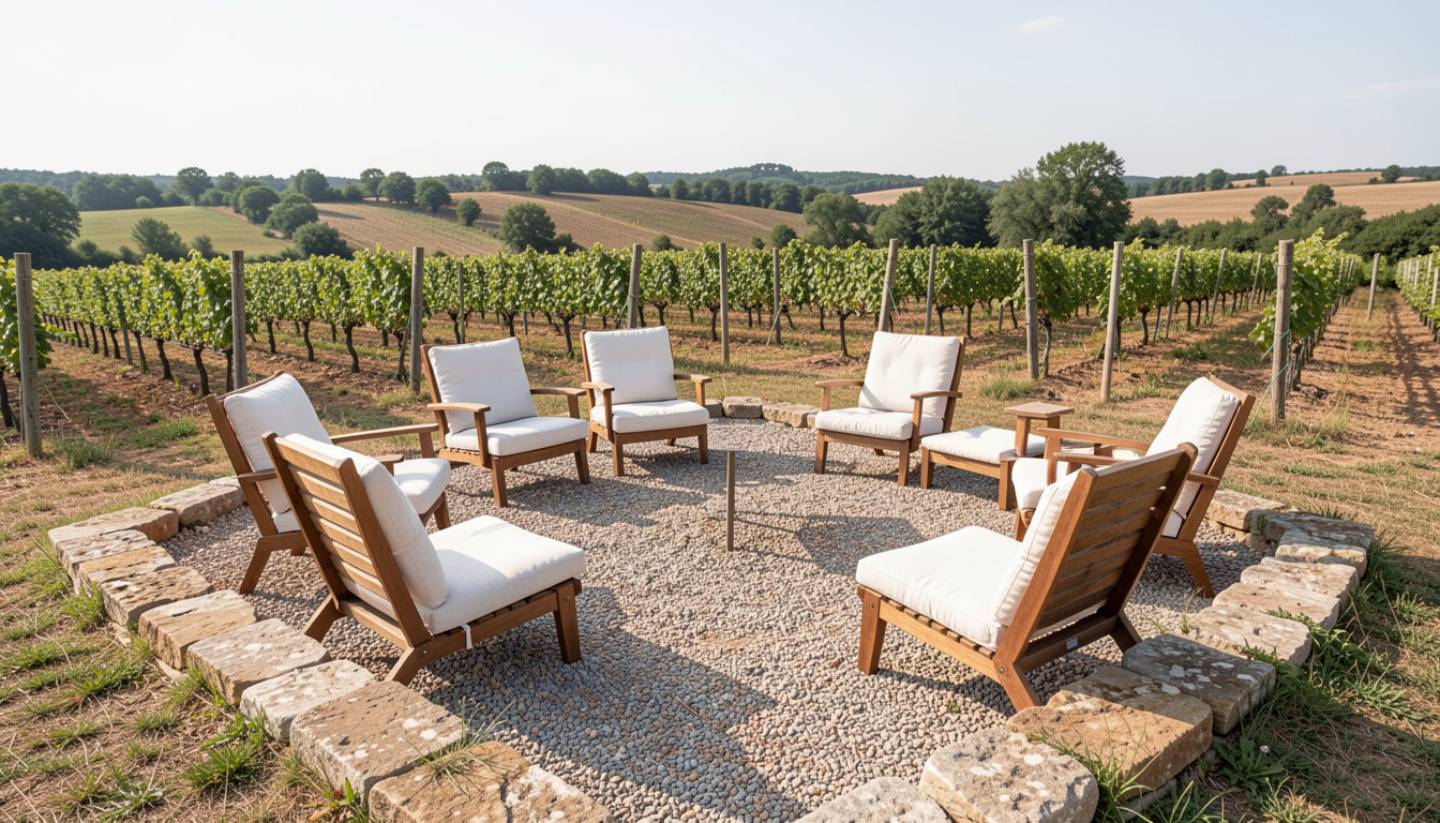 Outdoor meditation space in Napa Valley with chairs arranged on a quiet terrace overlooking vineyards, designed for small group retreats and reflective practice.