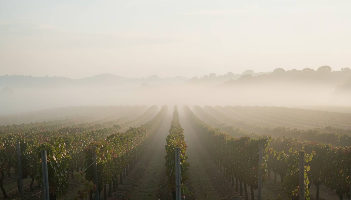 Morning fog resting over vineyard rows in Napa Valley, showing the quiet and natural setting ideal for meditation retreats and group wellness gatherings.