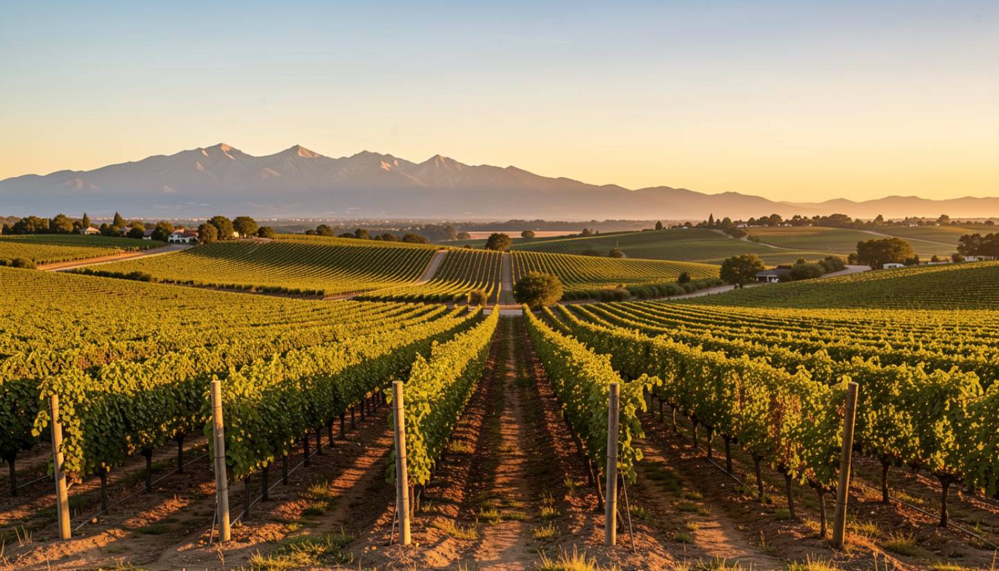 Late afternoon light across Napa Valley vineyards in Rutherford, with rows of vines and the Mayacamas Mountains, capturing a quiet moment often chosen for milestone trips and personal celebrations.