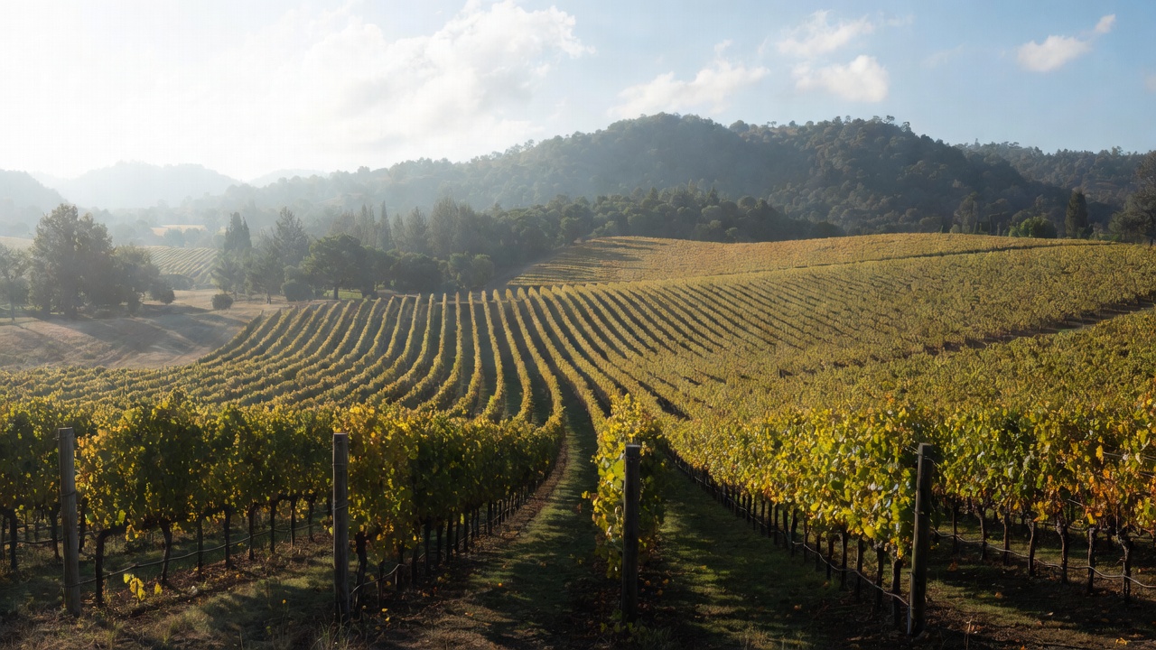 Late morning sunlight over Napa Valley vineyards in Rutherford, showing calm vine rows and a balanced atmosphere for mindful food and wine travel.