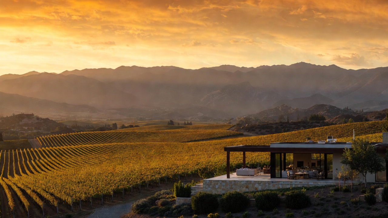 A modern Napa Valley estate featuring large glass walls and a stone terrace that opens seamlessly to a vineyard at sunset, illustrating luxury home design and the integration of architecture with the natural landscape.