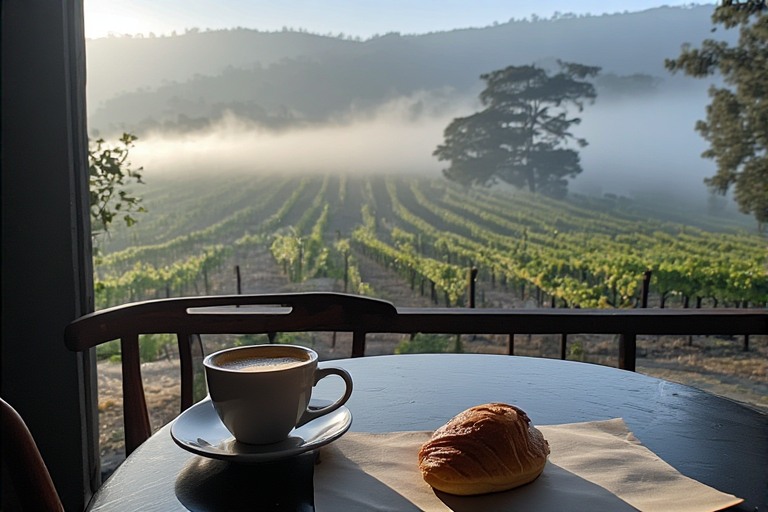 Early morning espresso and pastry on a cafe table in Napa Valley with soft light and fog, representing a calm local morning ritual before winery visits.