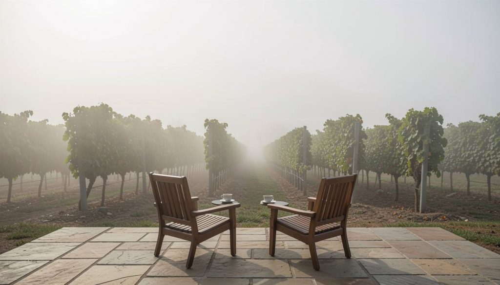 Morning fog lifting over Napa Valley vineyards with coffee cups on a quiet patio, representing a slow and relaxing start to a mother daughter weekend.