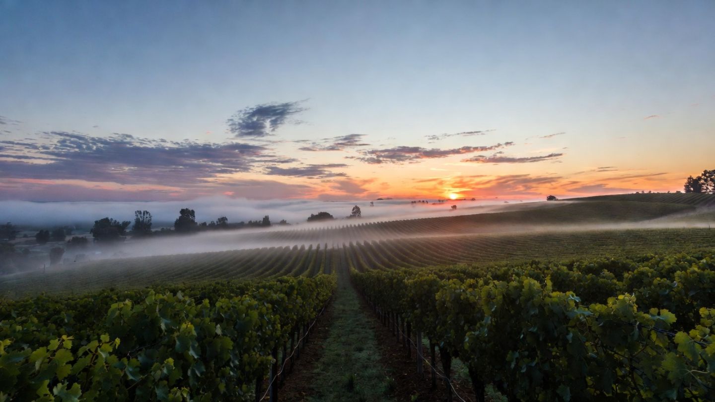 Early morning vineyard in Napa Valley with low fog and soft sunrise light, showing a quiet and reflective setting ideal for meditation and mindful travel from Marin County.