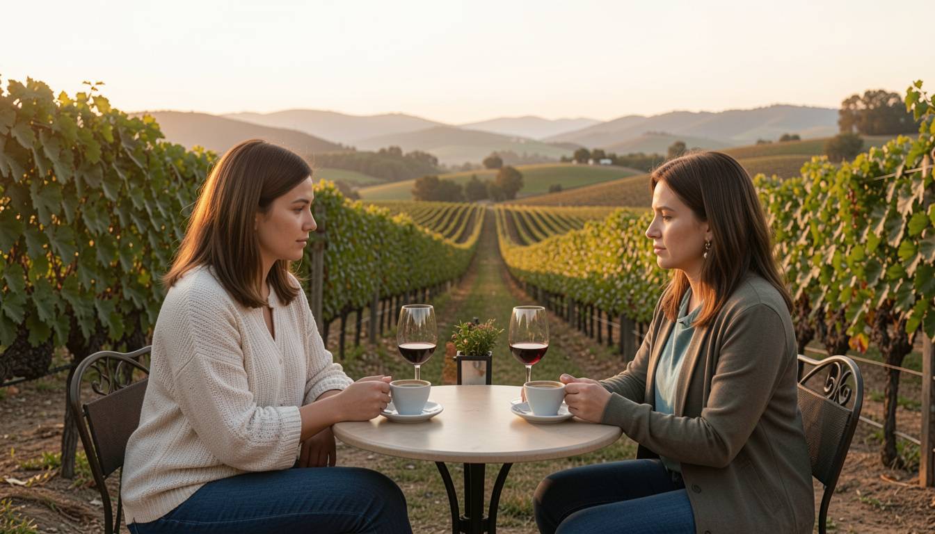 Mother and adult daughter sitting together at an outdoor table overlooking Napa Valley vineyards during golden hour, enjoying a calm and restorative weekend moment.