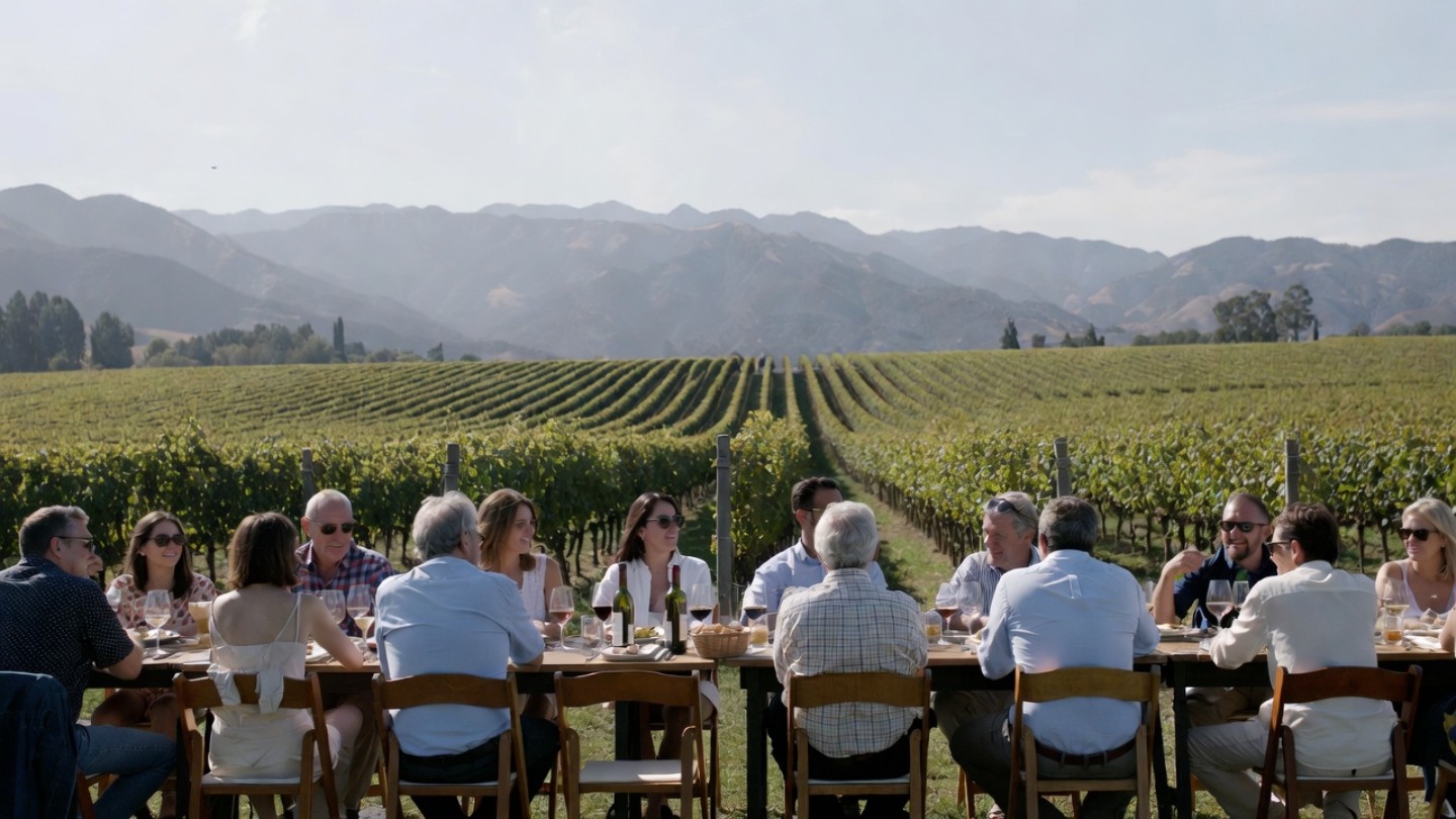 Parents and adult children sharing a relaxed outdoor meal at a Napa Valley winery with vineyard and mountain views.