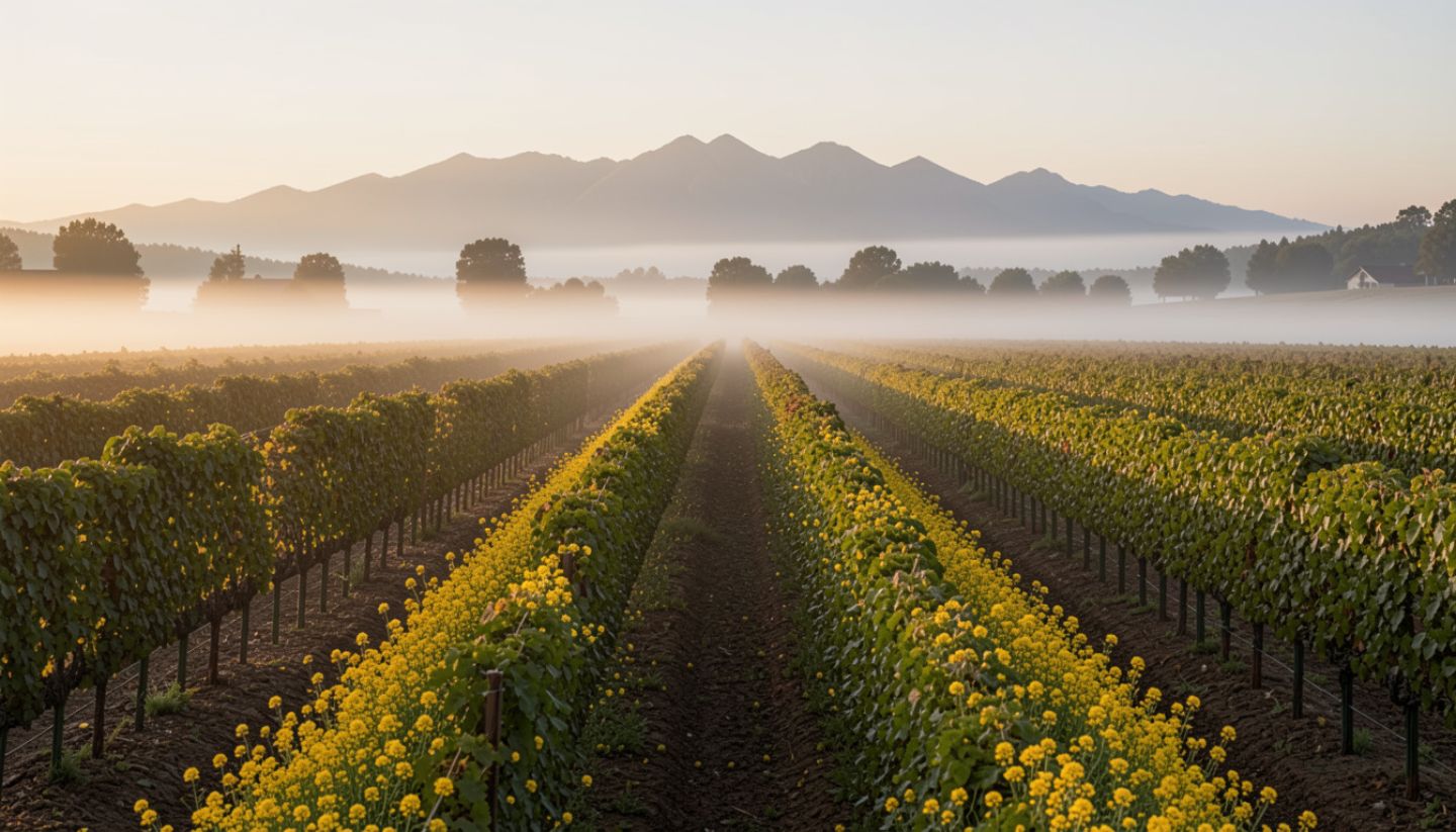 Mustard flowers blooming between vineyard rows in Rutherford Napa Valley during early spring with morning fog lifting toward the Mayacamas Mountains.