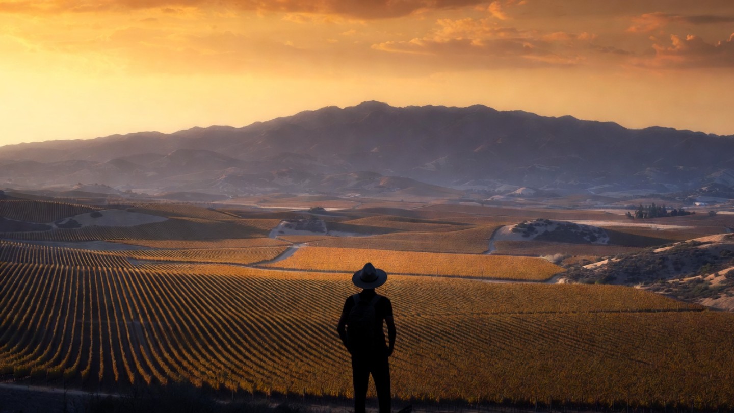 A person stands looking out over expansive Napa Valley vineyards and the Mayacamas mountain range during a quiet sunset, representing a nature reset after city life.