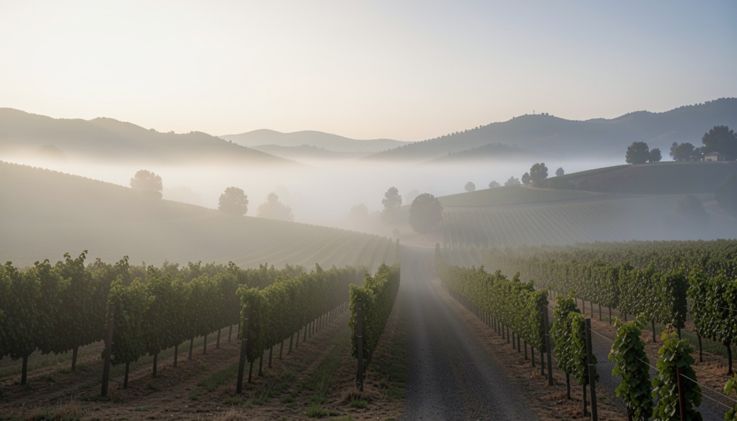 Morning fog over vineyard rows in Napa Valley with soft light and empty roads, representing a calm and restorative trip for new parents traveling for the first time after having a baby.