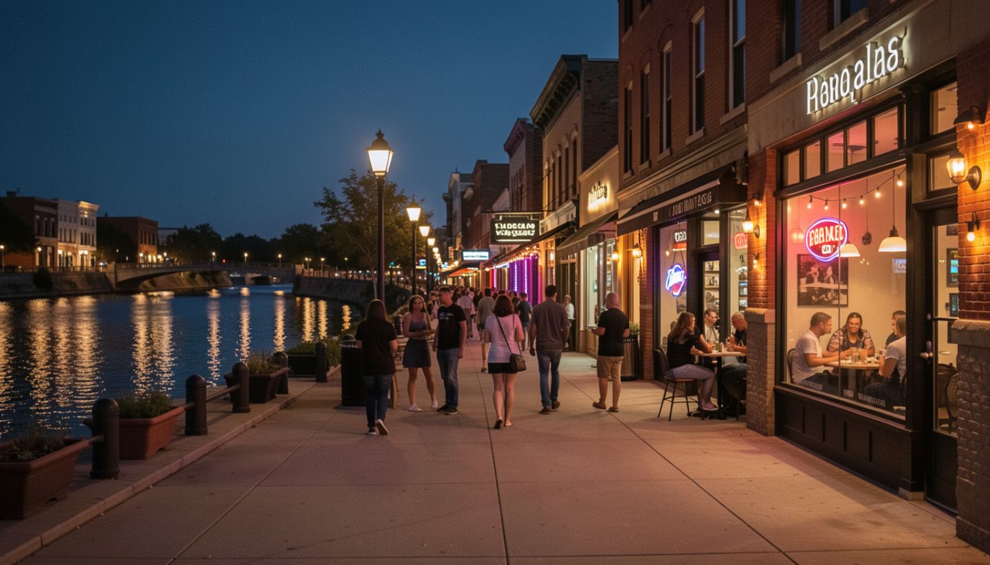Downtown Napa Valley at night with softly lit wine bars and music venues creating a relaxed evening atmosphere.