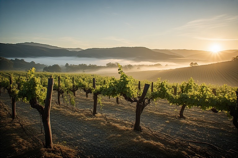 Old vine Cabernet vineyard in Rutherford Napa Valley at sunrise with fog lifting over benchland soils, showing gnarled trunks and historic heritage vineyard rows.