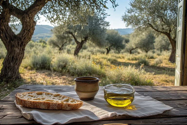 Olive oil tasting in Napa Valley with bread and ceramic cups on a wooden table near olive trees, showing a quiet pantry craft experience.