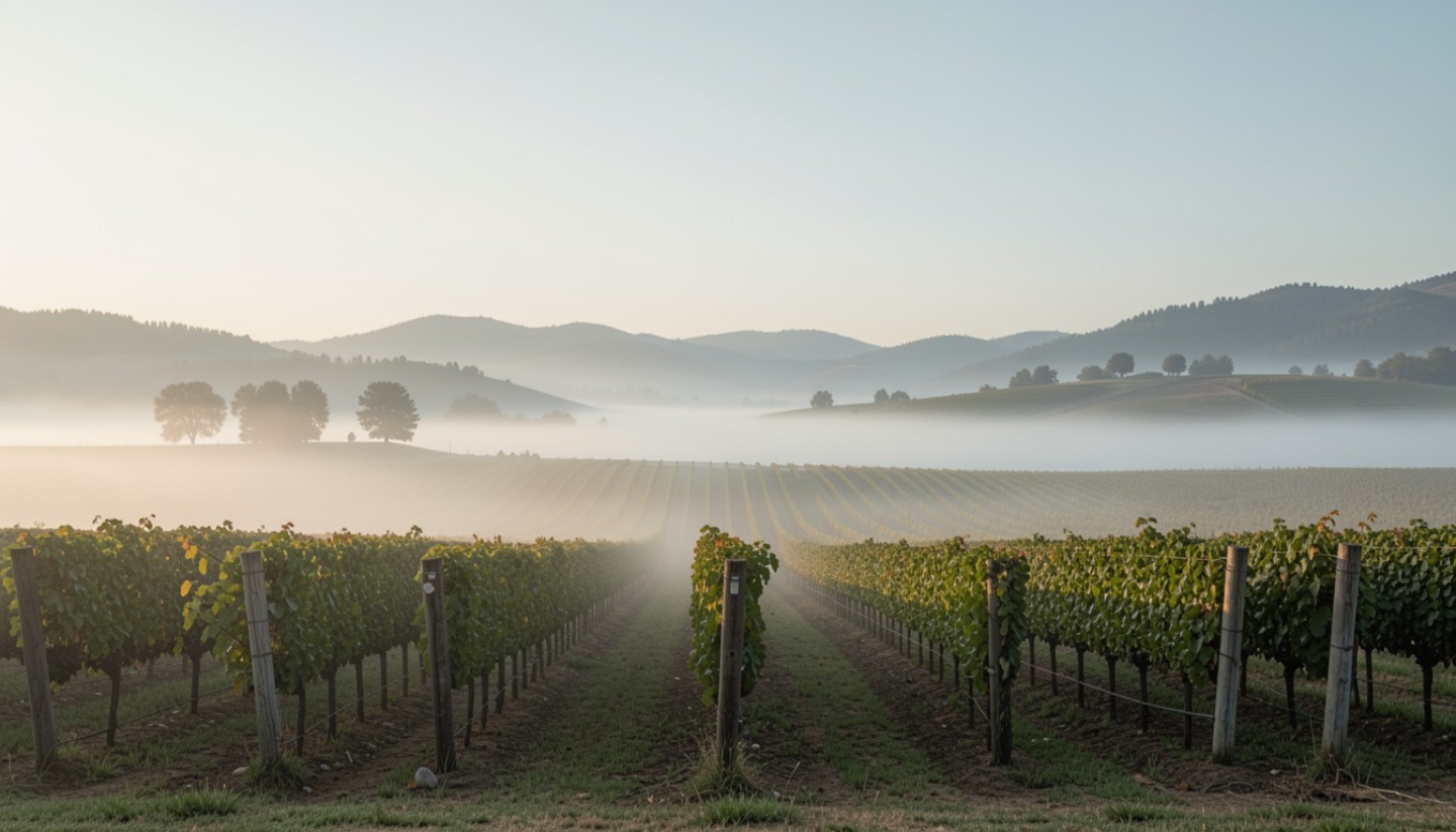 Morning fog lifting over vineyard rows in Napa Valley, symbolizing clarity, presence, and a grounded celebration of one year sober in wine country.