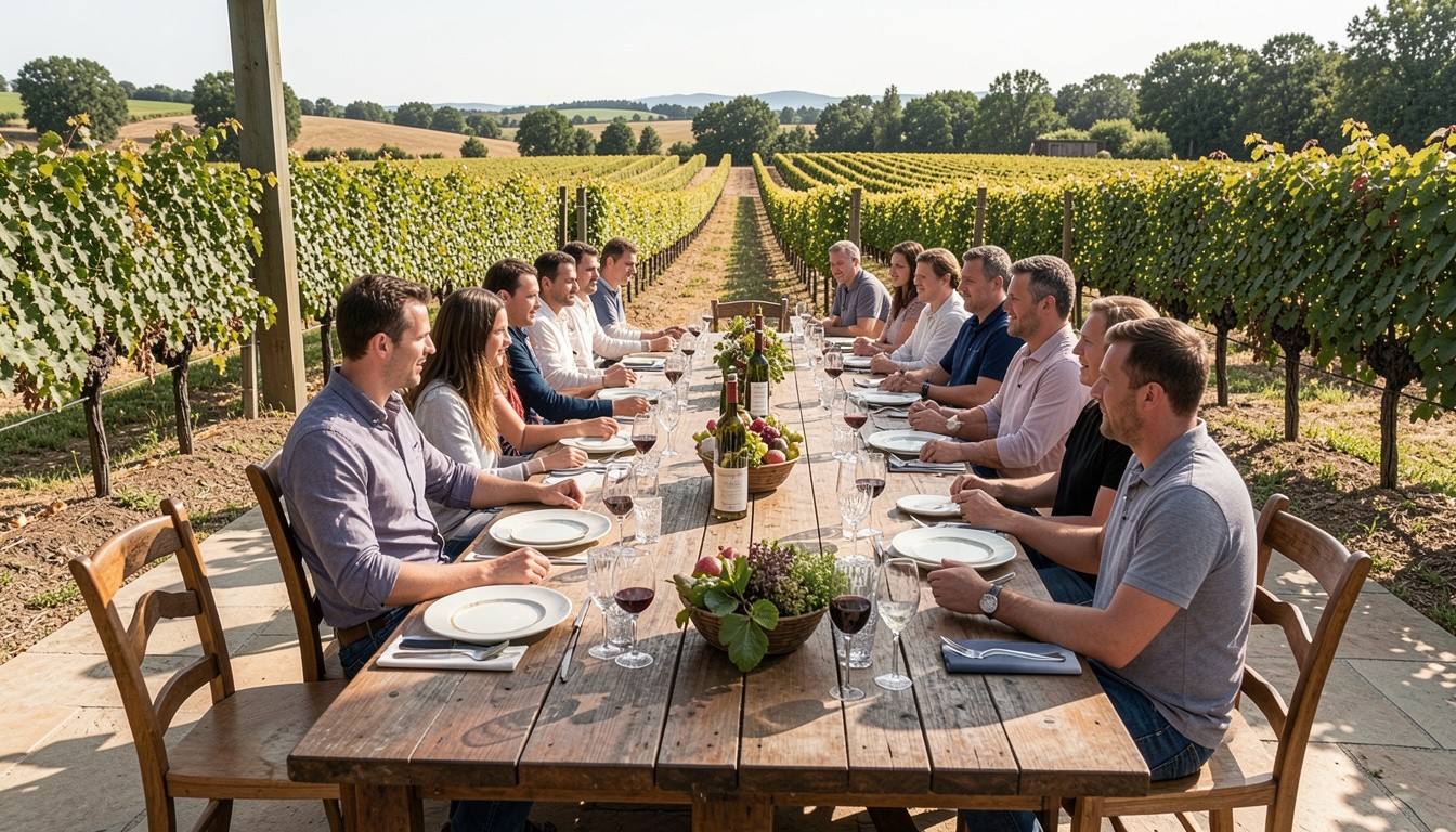 Outdoor table in Napa Valley set for a group with vineyard views, representing shared space and connection for a blended family trip.