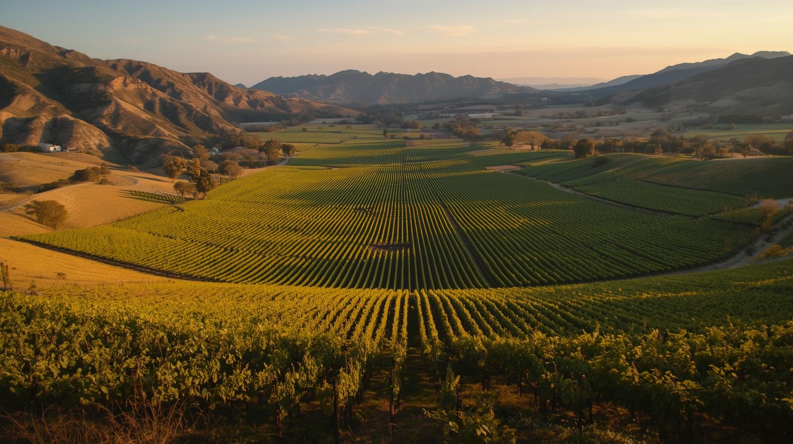 Overlook view from Skyline Park in Napa Valley showing vineyard rows stretching north toward St. Helena with the Mayacamas and Vaca mountain ranges framing the valley floor.