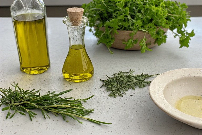 Olive oil and vinegar on a kitchen table in Napa Valley with fresh herbs, representing everyday pantry craft and cooking ingredients.