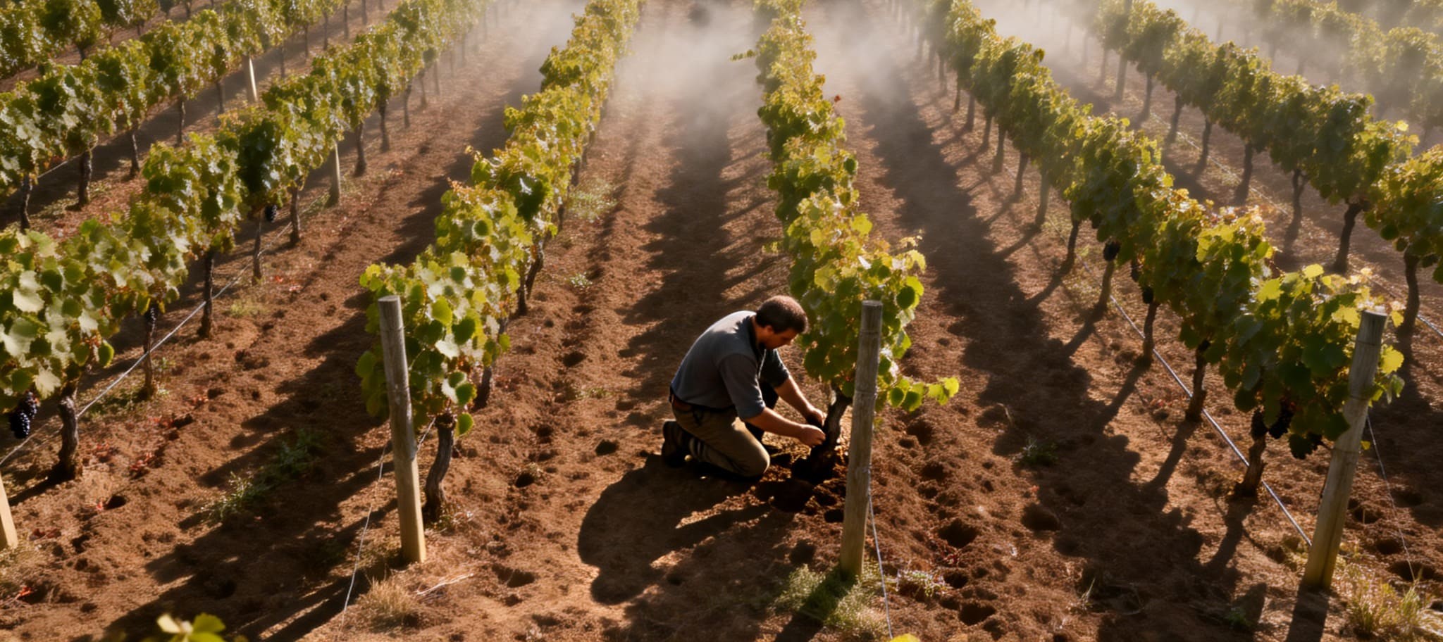 Early morning vineyard rows in Napa Valley with light fog lifting as vineyard workers move quietly through the Rutherford benchlands, reflecting community, stewardship, and purposeful travel.