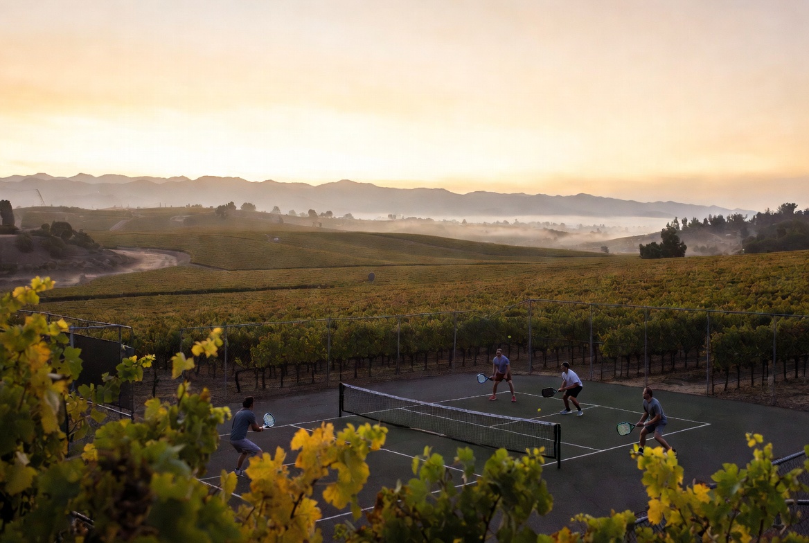Pickleball players competing on an outdoor court in Napa Valley at sunrise with vineyard rows and morning fog over the Rutherford benchlands.