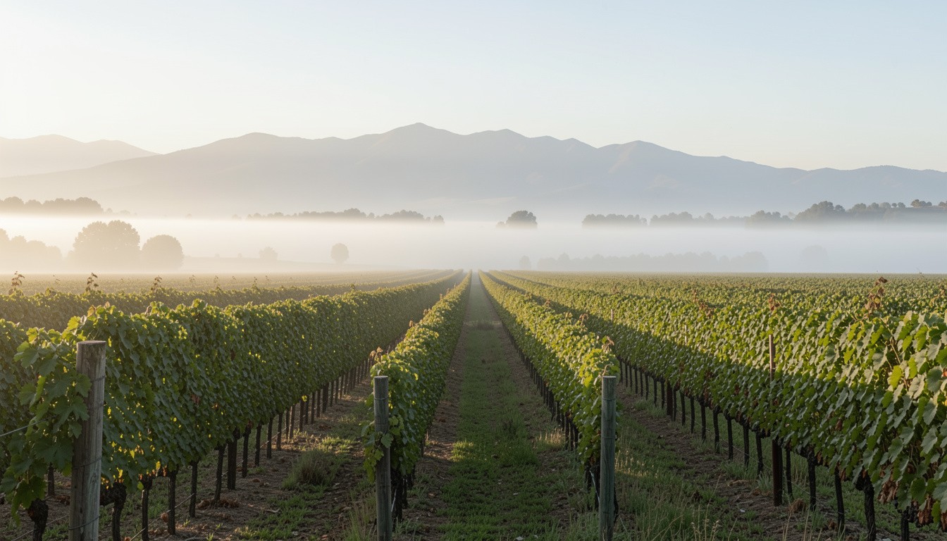 Late morning vineyard landscape in Rutherford, Napa Valley with soft light and distant mountains, creating a calm setting for rest and recovery after a major project launch.