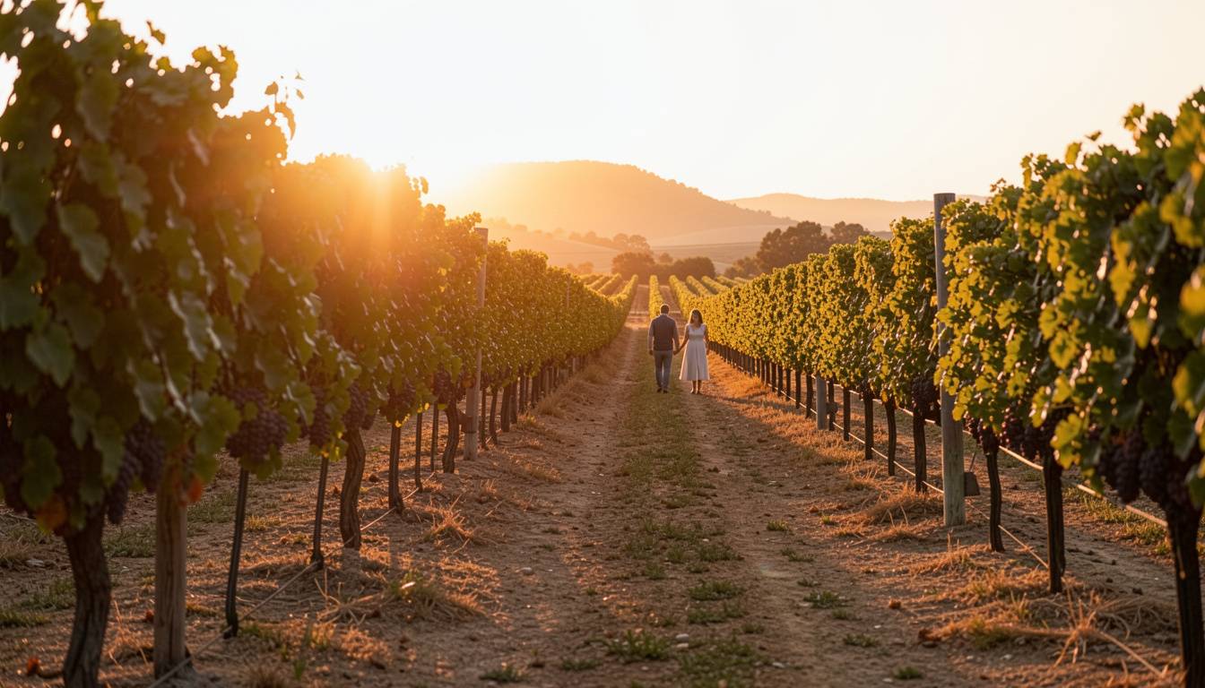 Couple walking together between vineyard rows in Napa Valley during golden hour, creating a quiet and intimate setting for a private proposal weekend.
