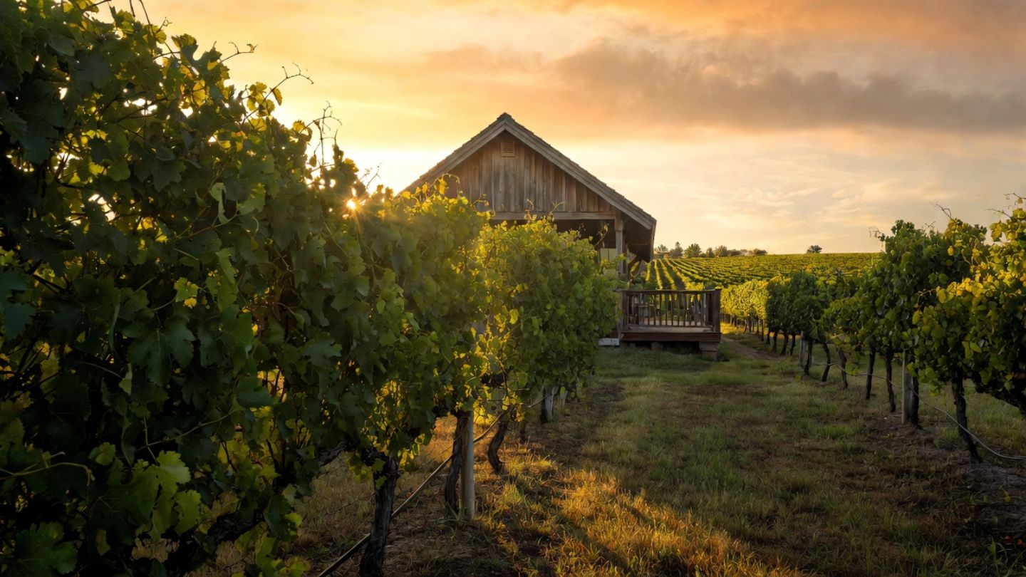 Private vineyard cottage in Napa Valley at sunset with soft golden light and surrounding vines, a peaceful honeymoon stay often chosen by couples traveling from Marin County.