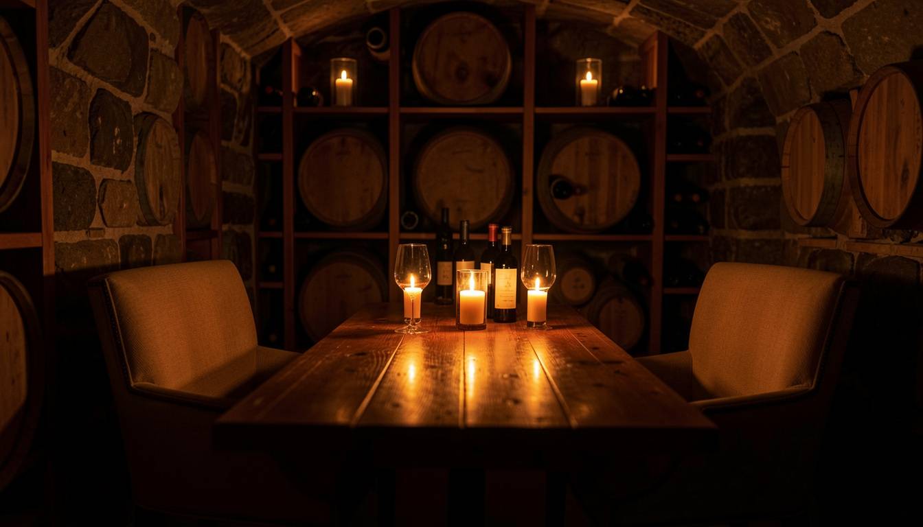 Candlelit wine cave in Napa Valley with a small private table set for two, representing a quiet vow renewal followed by a reflective moment together.