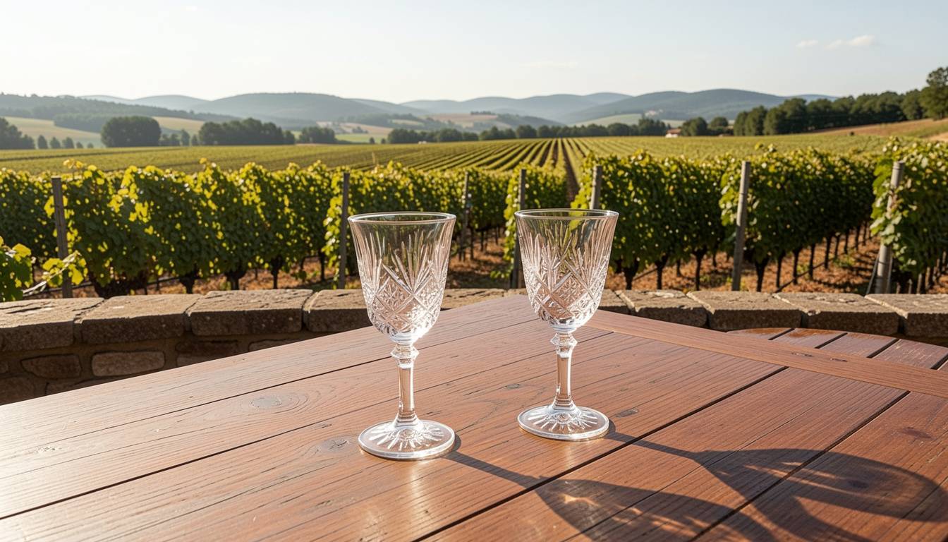 Secluded winery terrace in Napa Valley with two wine glasses and vineyard views, suitable for a private and intimate proposal moment.