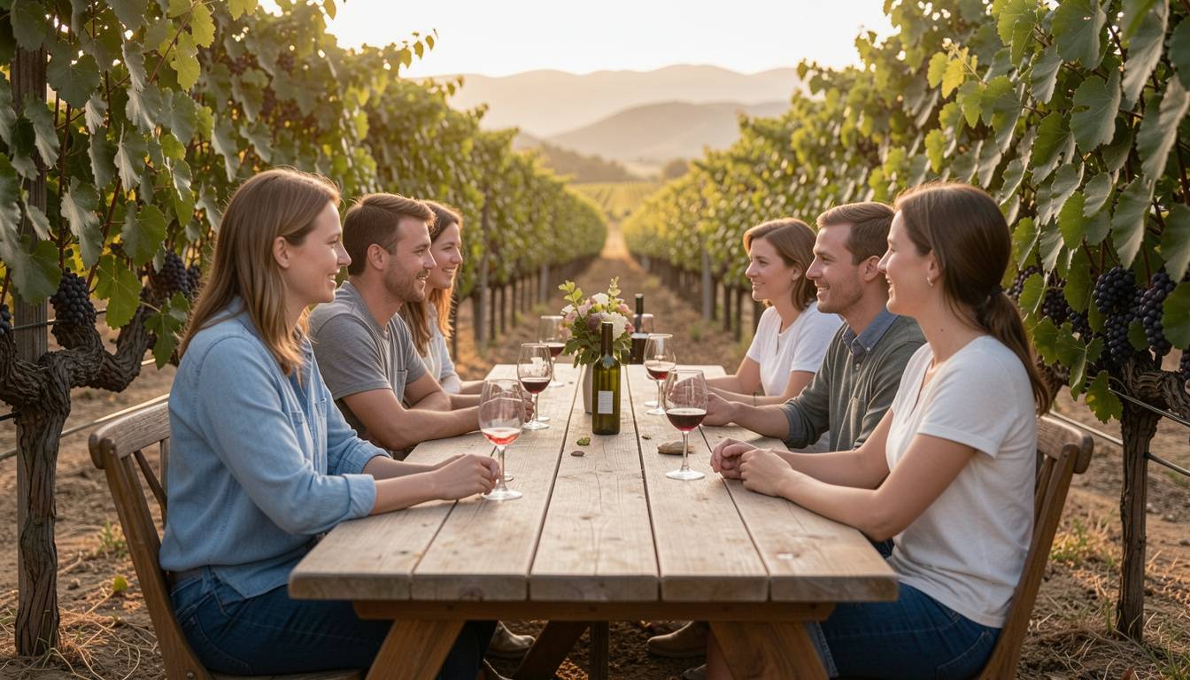 Group of colleagues celebrating a promotion at a long table in a Napa Valley vineyard during golden hour, sharing wine and conversation in a relaxed outdoor setting.