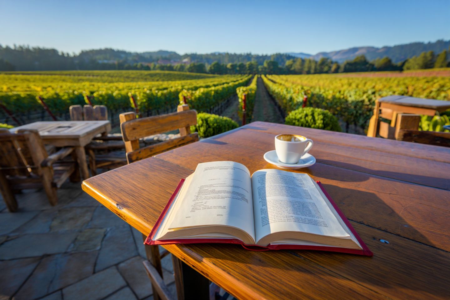 Book and coffee on a wooden patio table in Yountville Napa Valley with vineyard rows in the background during a quiet afternoon.