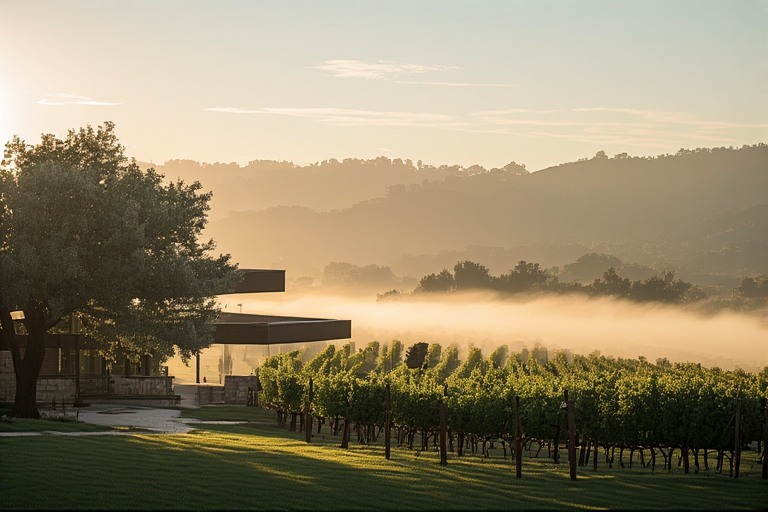 Early morning fog lifting over vineyard rows in Rutherford Napa Valley with a minimalist winery estate made of stone and wood, illustrating quiet luxury travel and peaceful wine country atmosphere.