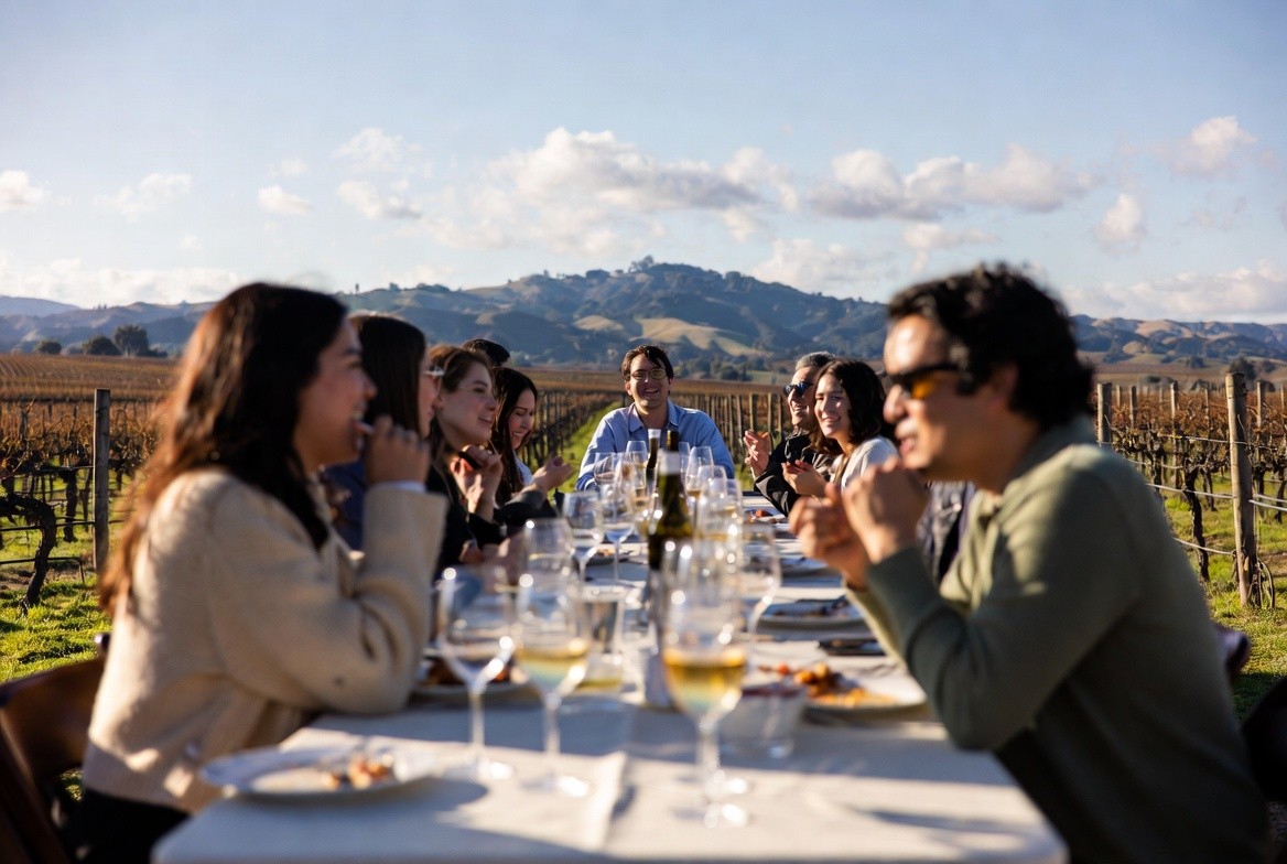 Small group celebrating a milestone birthday quietly at an outdoor vineyard table in Napa Valley during golden hour, sharing wine and conversation.