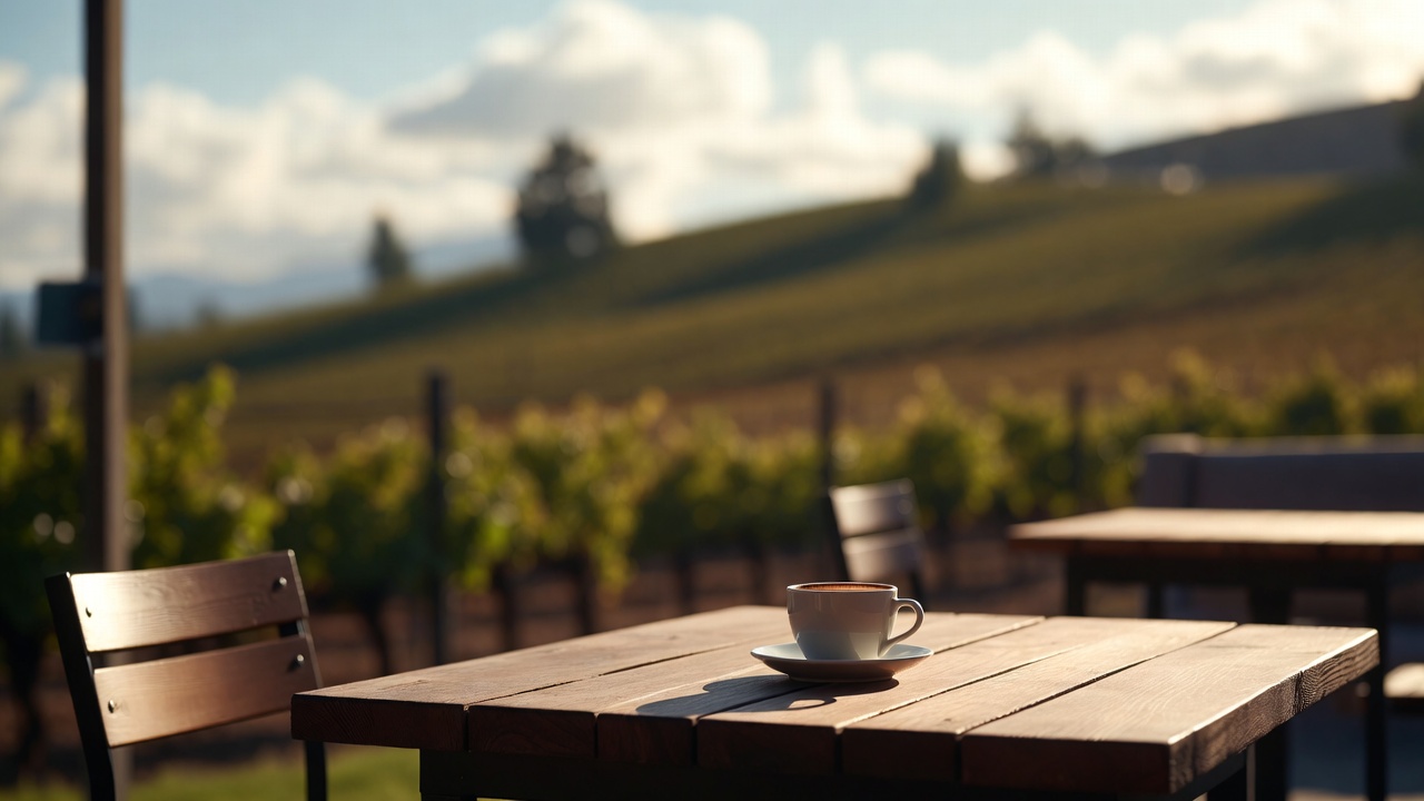  Quiet morning table in Napa Valley with a cup of coffee and soft natural light, representing a reflective and restorative travel moment.
