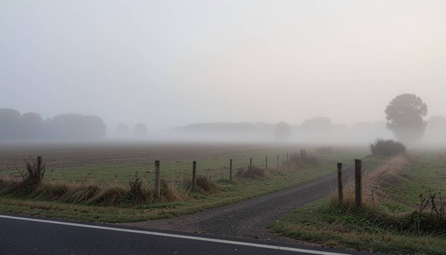Morning fog lifting slowly over the Rutherford benchlands in Napa Valley, with vineyard rows fading into soft light and no people present, creating a calm and reflective atmosphere.