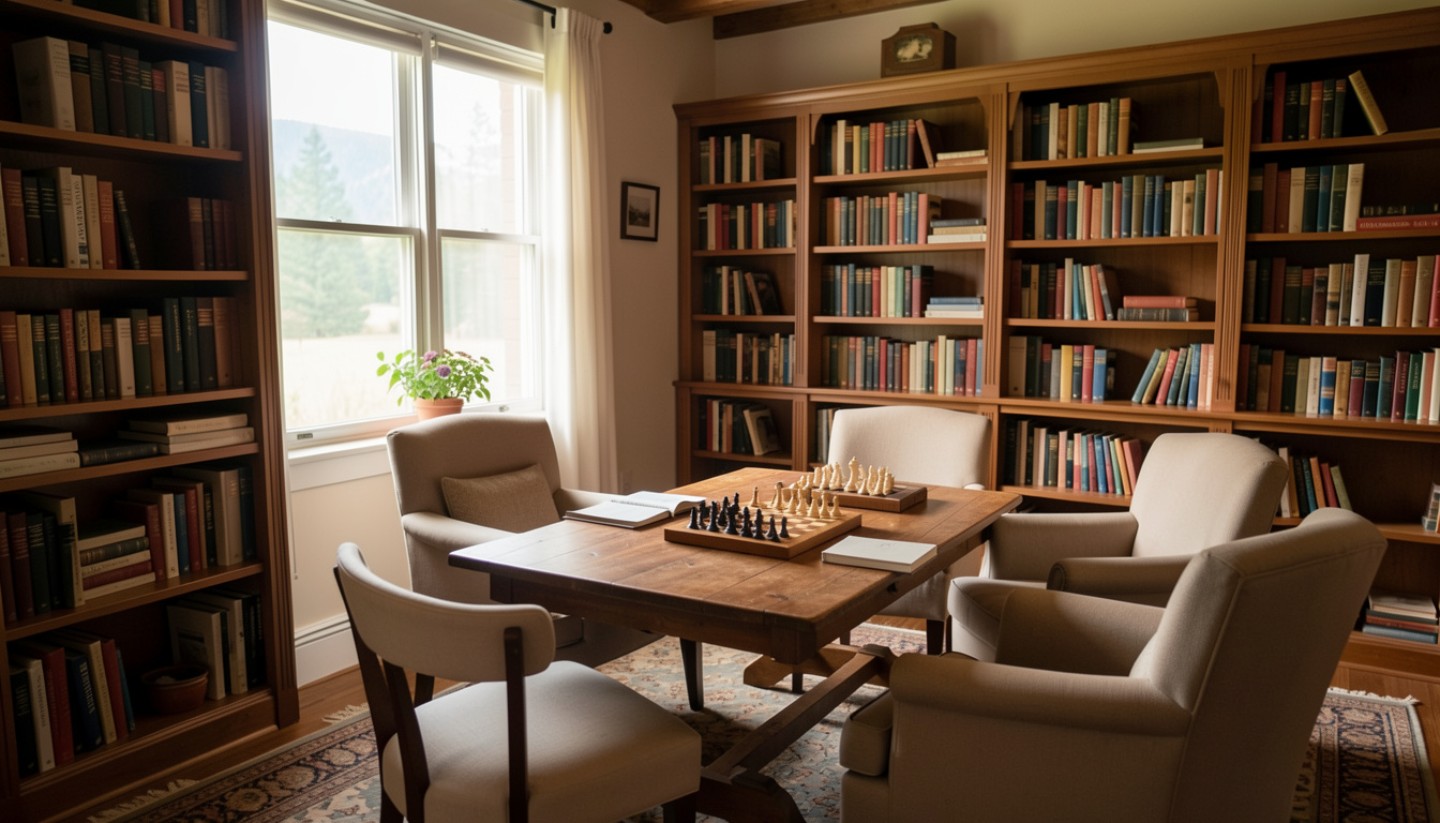 Quiet reading room at a Napa Valley inn with a chess set and notebook, providing a peaceful space for strategic thinking and focused study.