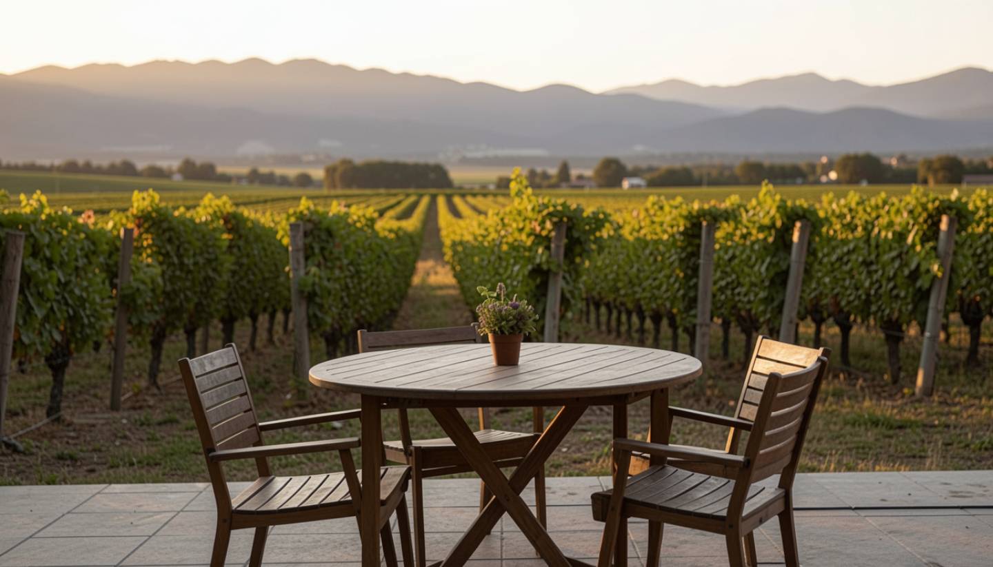 A peaceful vineyard terrace in Napa Valley during late afternoon light, suggesting calm reflection and intentional travel for a milestone birthday.