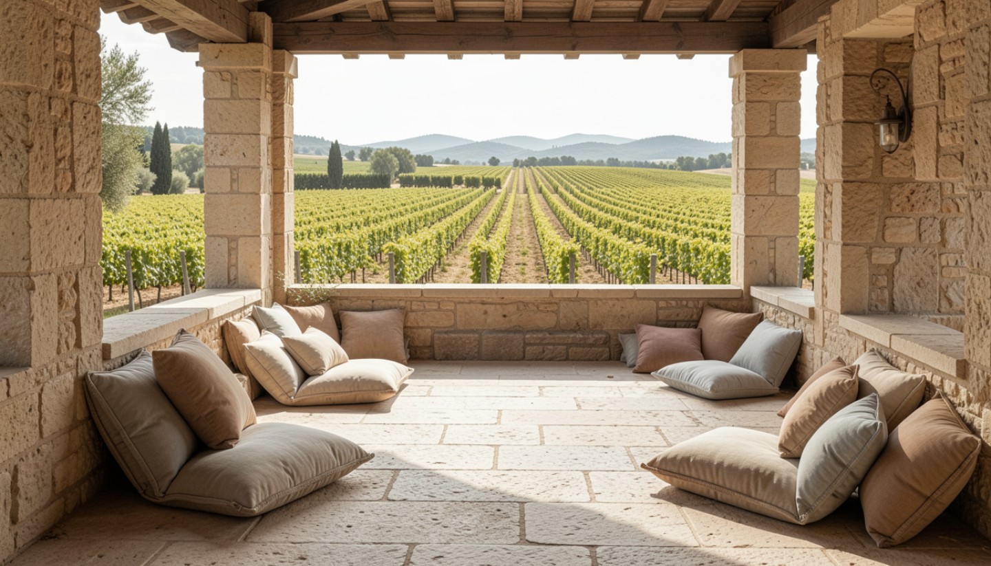 Quiet terrace overlooking Napa Valley vineyards with open seating, representing rest, reflection, and unhurried travel during a restorative visit.